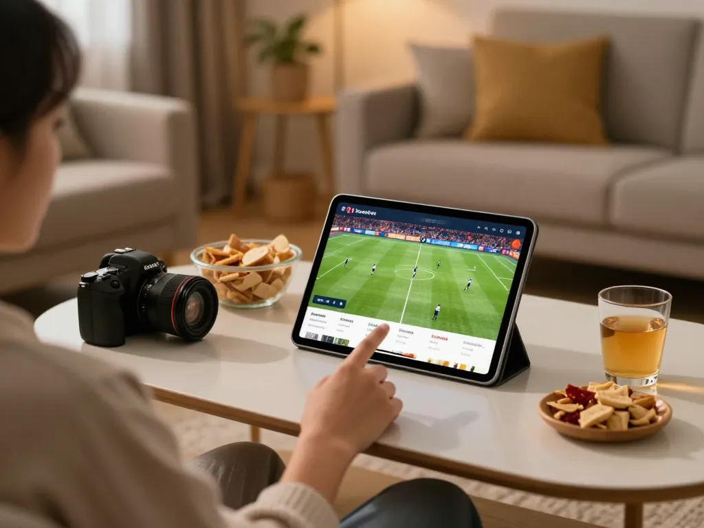 Socolive user enjoying live football streaming on a tablet in a cozy home setting.