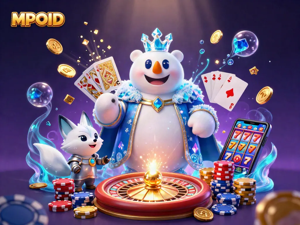 MPOID engages players with a 3D casino scene featuring an ice king polar bear and a snow fox, surrounded by casino elements.
