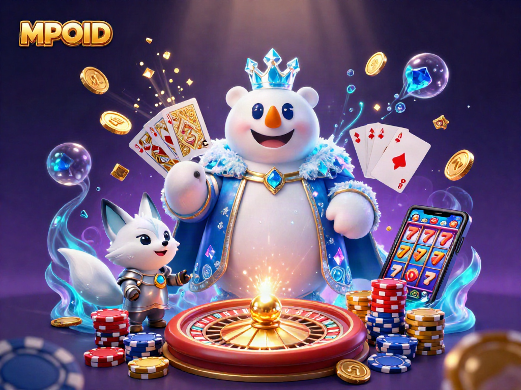 MPOID engages players with a 3D casino scene featuring an ice king polar bear and a snow fox, surrounded by casino elements.