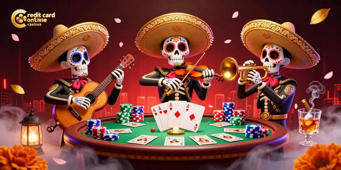 Experience the excitement of credit card online casinos with an engaging mariachi band at a poker table.