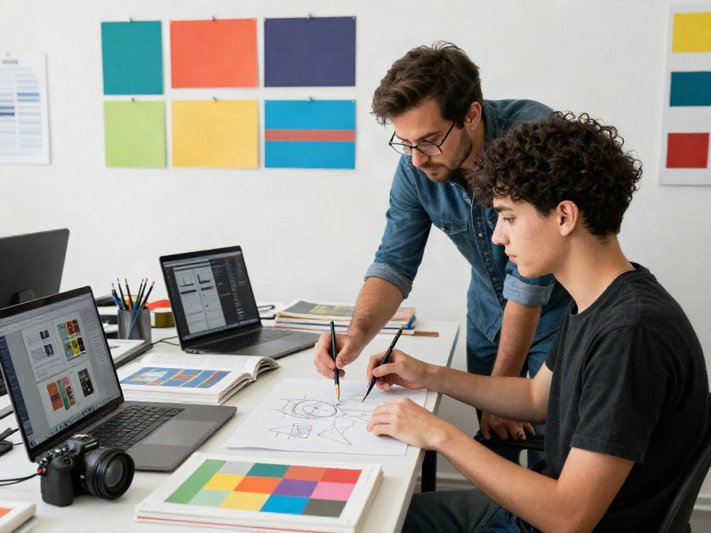ROKOK88 slot inspiration in a vibrant design workspace with a mentor guiding a young designer.