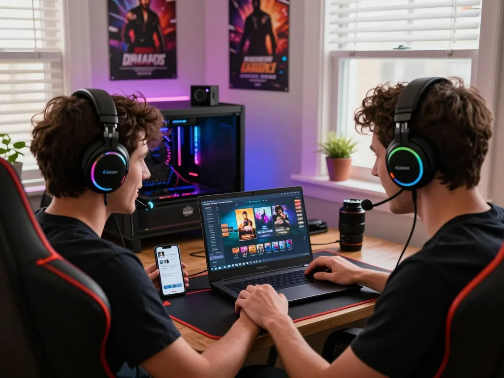 Engaged player enjoying a thrilling mobile porn game in a cozy gaming setup with vibrant lighting.