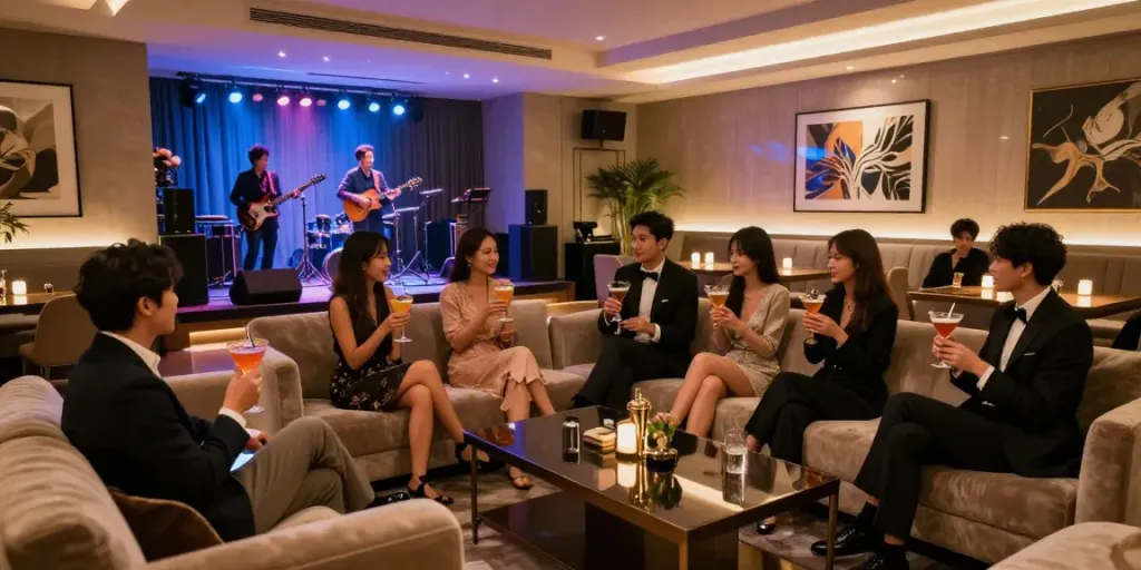강남세이렌 쩜오에서 친구들과 함께 즐기는 고급 칵테일과 라이브 음악의 분위기