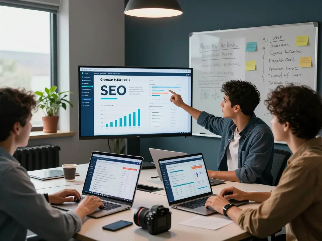 Team of digital marketers discussing group buy SEO tools in a modern workspace with analytics displays.