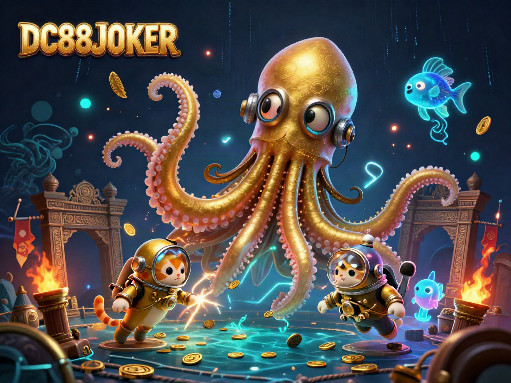 Engage in the thrilling action of DC88JOKER with a kraken, diving cat, and vibrant gaming elements.