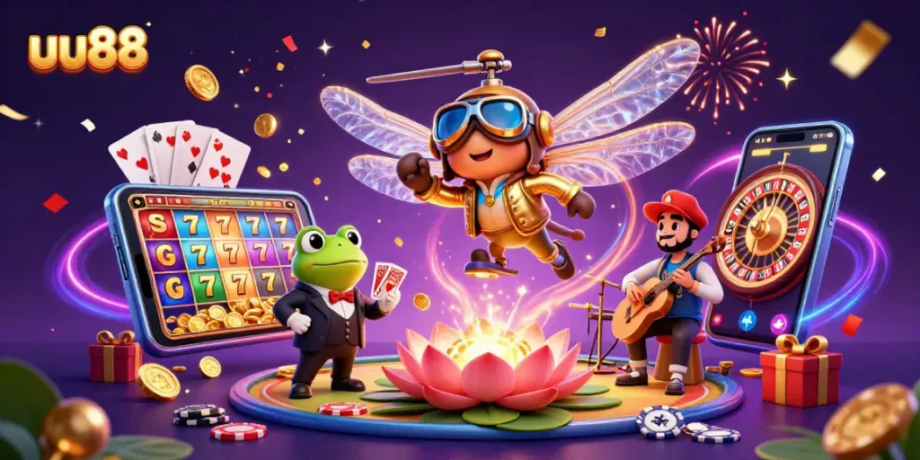 Engage with uu88's vibrant casino adventure featuring a frog croupier, dragonfly pilot, and jazz musicians.