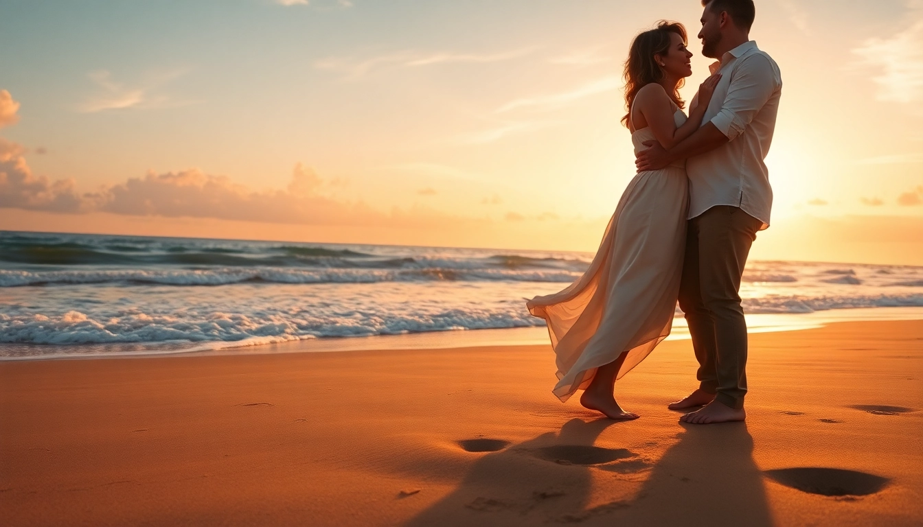 Destination photographer capturing a couple's romantic moment on the beach at sunset.
