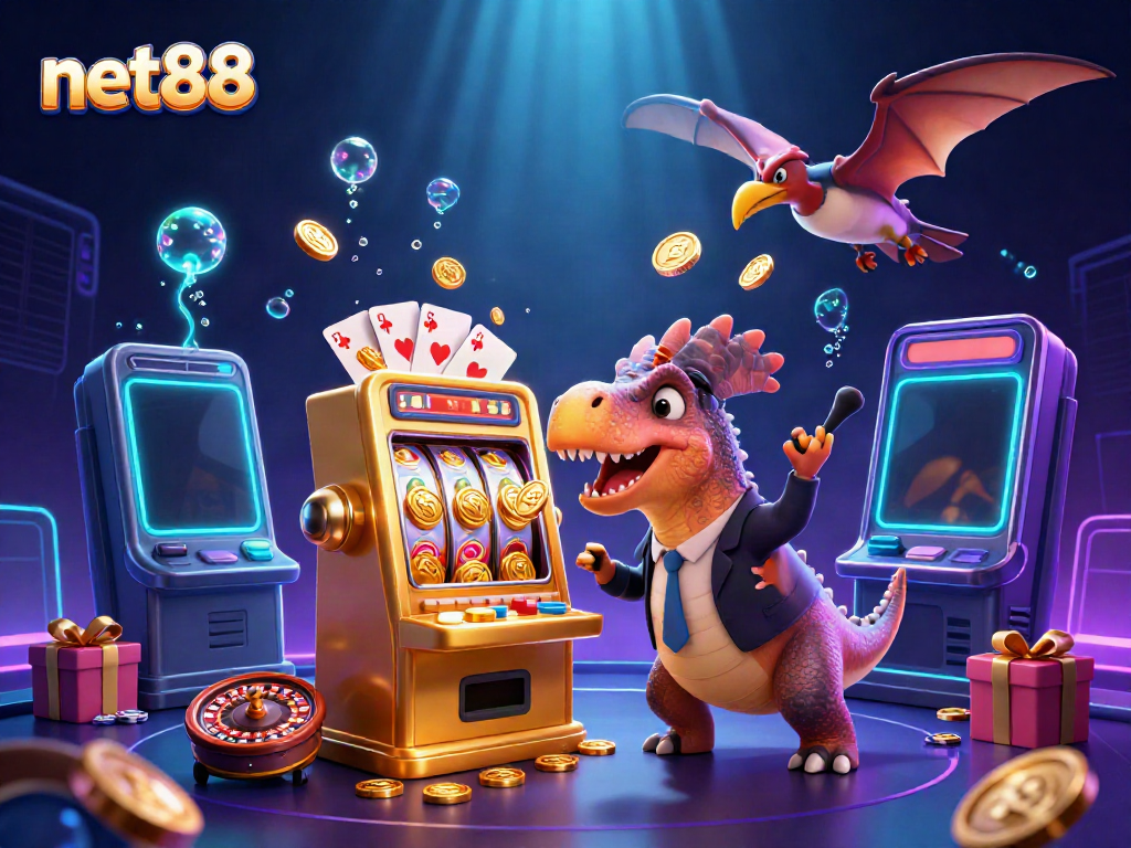 Experience thrilling wins with net88 as a dinosaur heads for a jackpot amidst flying coins in this vibrant casino scene.