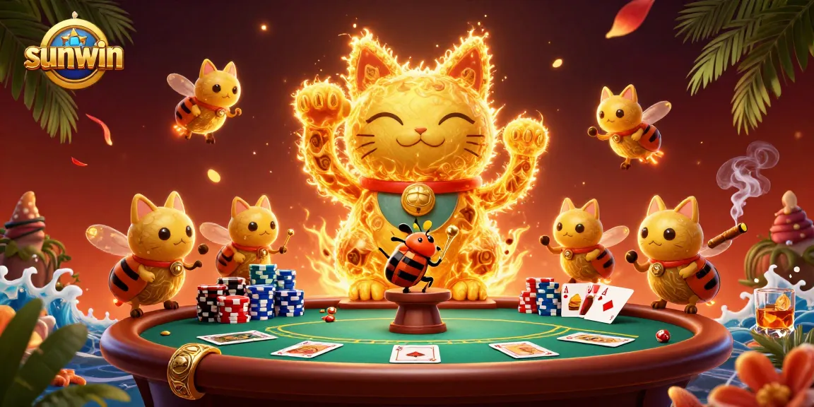 Experience sunwin's thrilling casino dynamics with golden fireflies and poker elements.