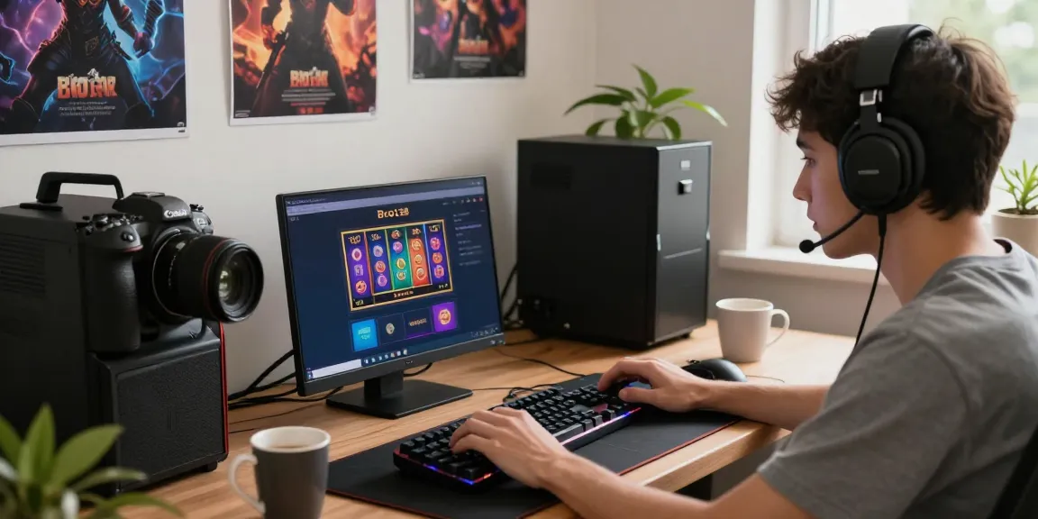 A user focused on bro138 login while playing vibrant slot games on a laptop in a cozy living room.