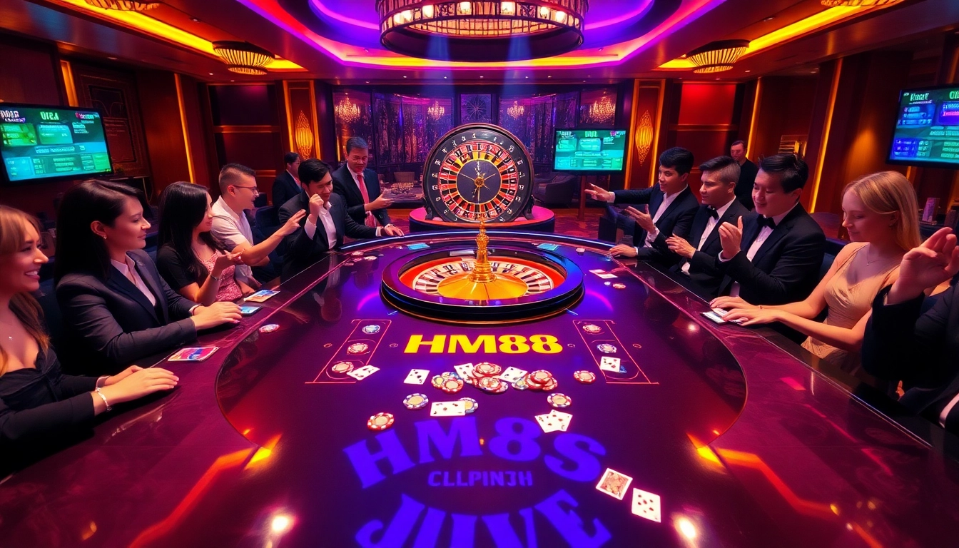 Exciting HM88 gaming scene featuring a vibrant casino table, roulette wheel, and poker chips.