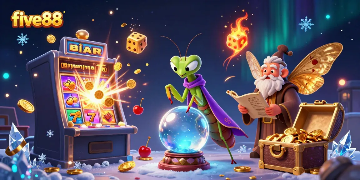 Experience five88 with a vibrant illustration of a casino-themed fantasy world, featuring a fortune teller and a moth librarian.