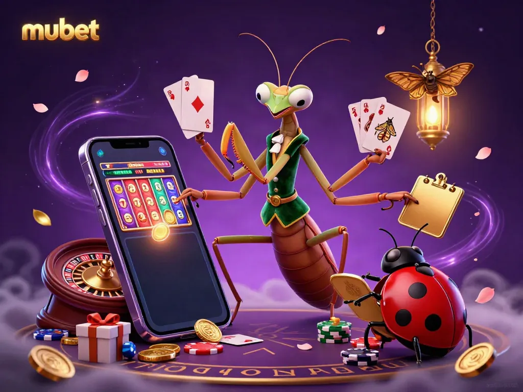 Experience thrilling gameplay with mubet as a giant praying mantis card sharp and ladybug pit boss join a vibrant casino scene.
