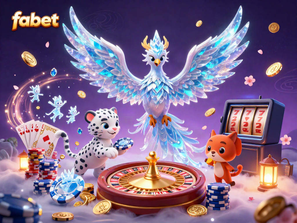 Experience the vibrant world of fabet with a mystical ice phoenix, playful leopard cub, and dazzling casino elements.