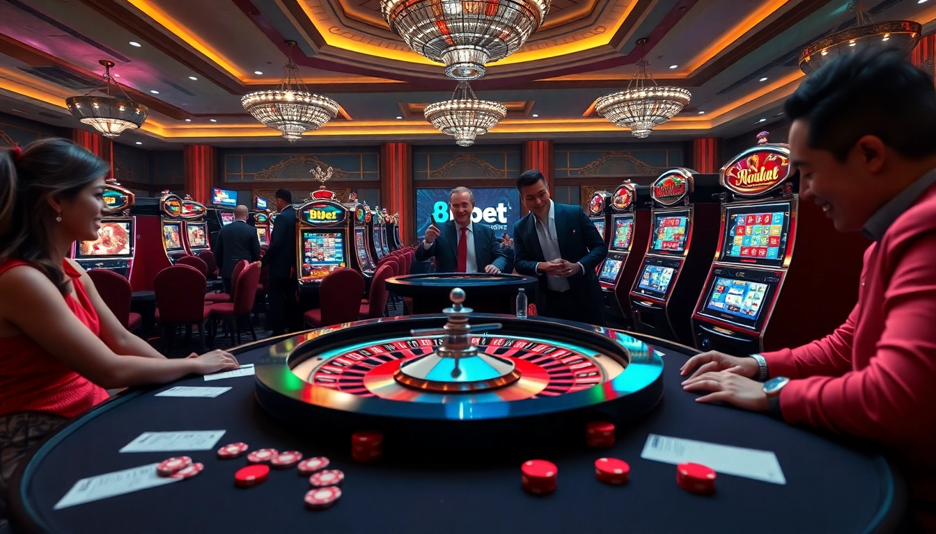 Players enjoying the excitement of casino games at 8kbet, featuring roulette and slot machines.