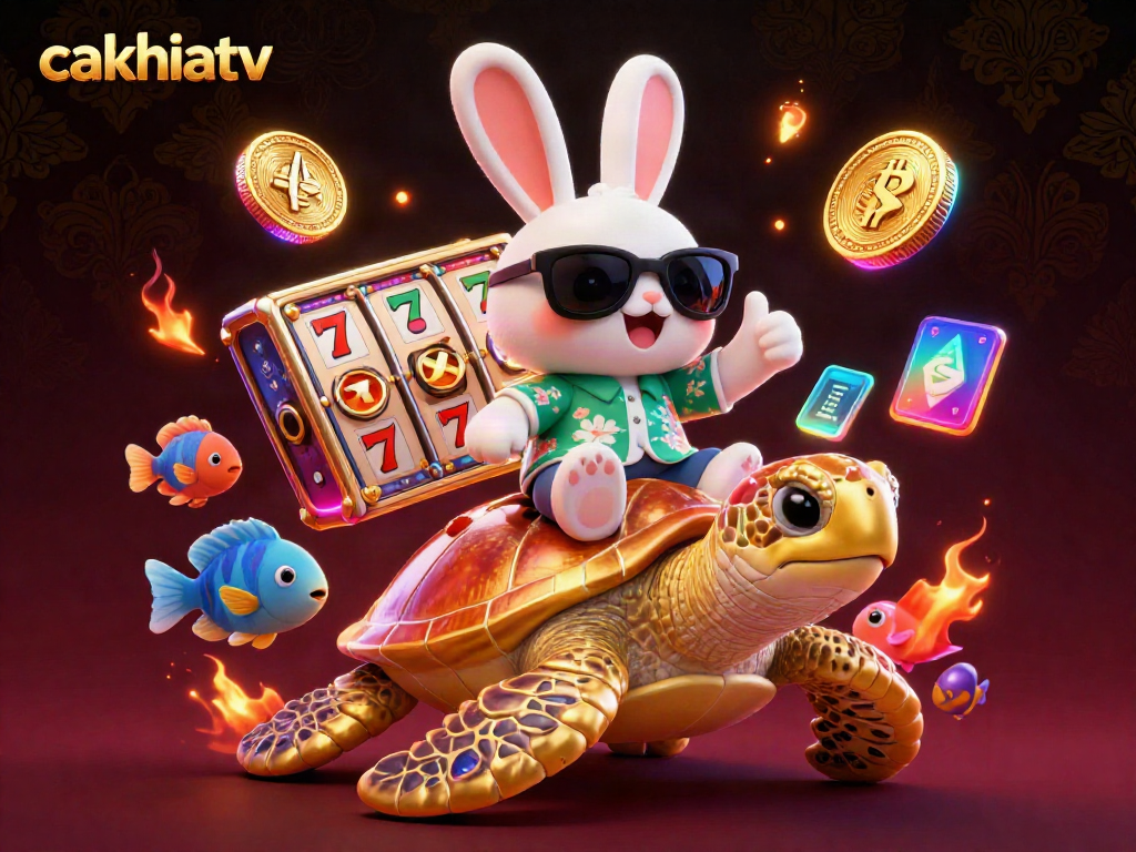 Engage with cakhiatv as a lucky rabbit rides a golden turtle in a vibrant gambling scene.