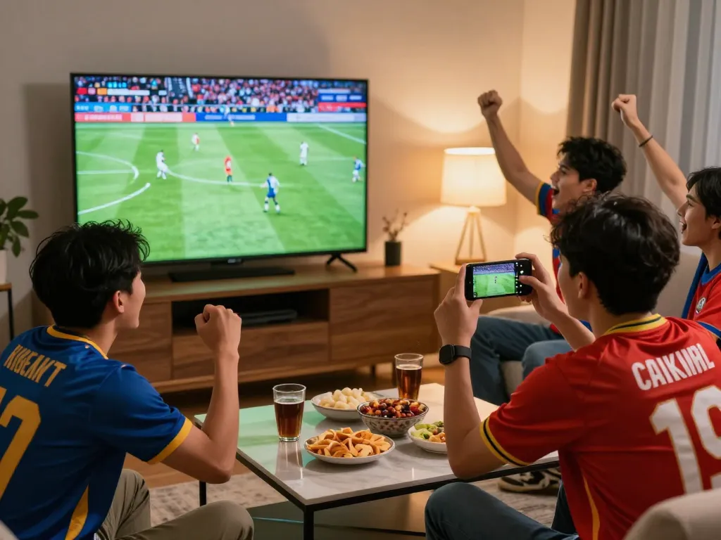 Friends enjoying a thrilling football match at cakhiatvz.live, showcasing camaraderie and excitement in a cozy living room setting.