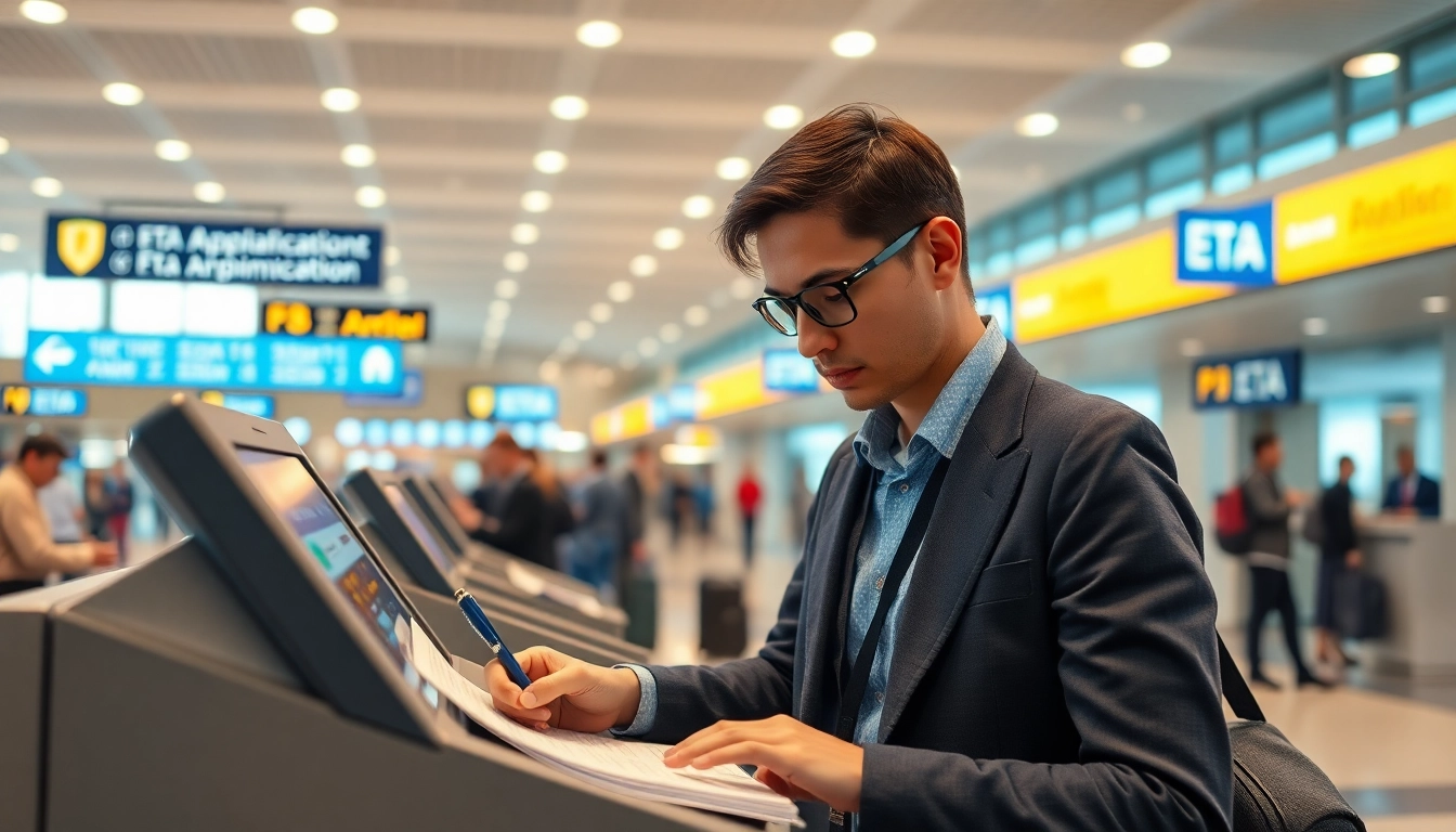 Fill out an eta application uk form at a busy airport kiosk for efficient travel.