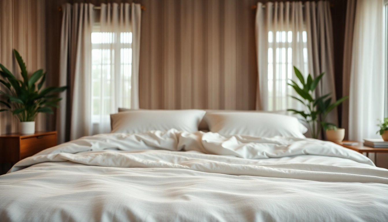A beautifully styled queen size bed in a relaxed, inviting bedroom environment.
