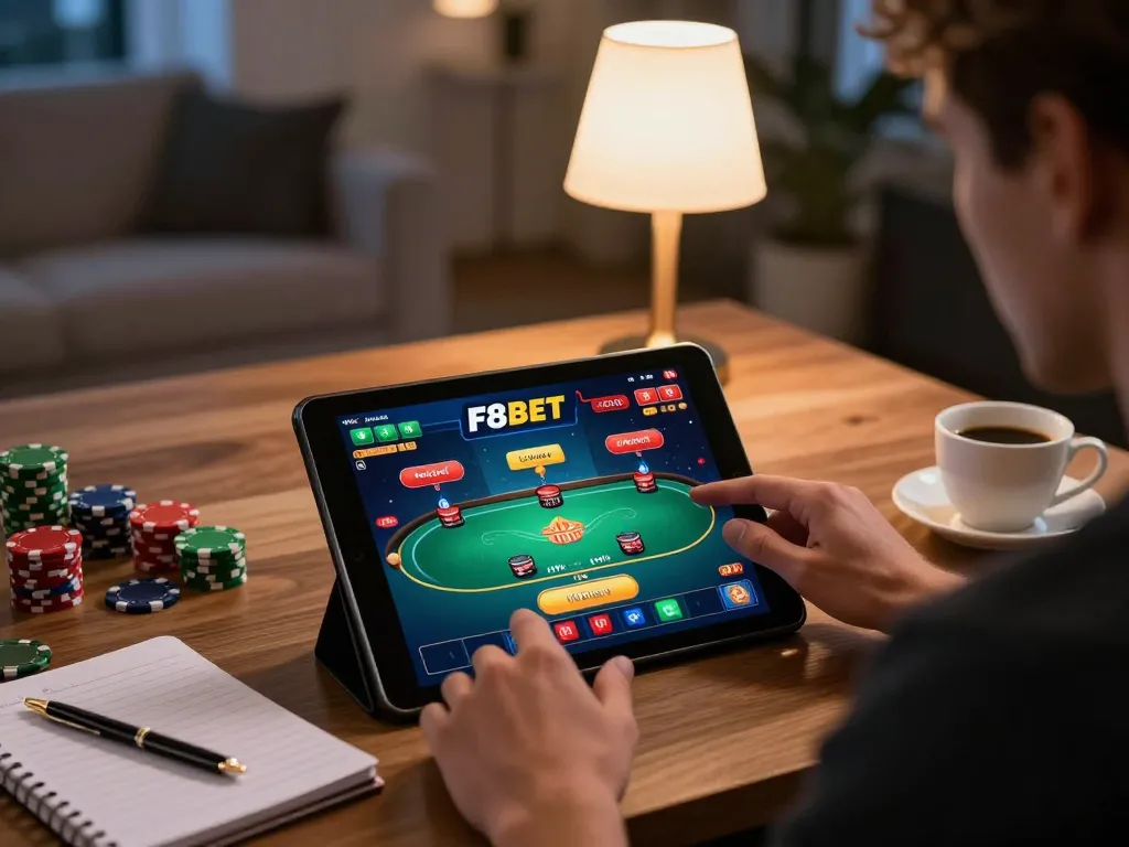 F8bet player engaging with online poker game on tablet in cozy home setup.