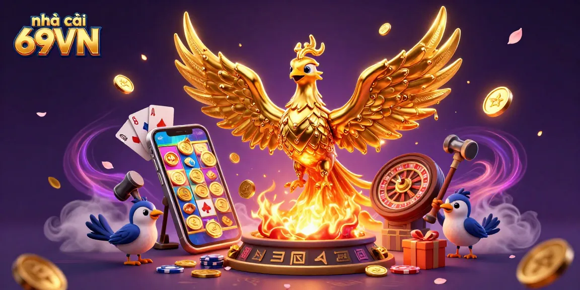 Experience the thrill at nhà cái 69VN with a dynamic golden phoenix and vibrant casino elements.