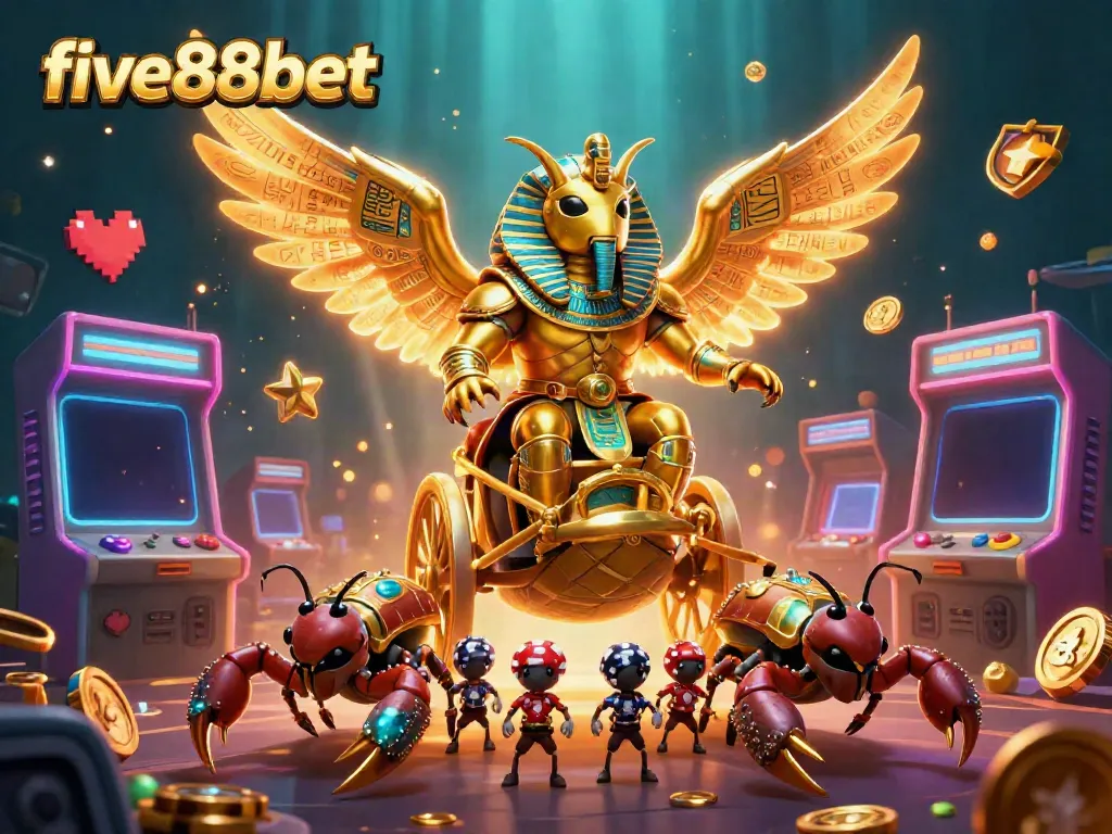 Experience thrilling gaming at five88bet with a stunning 3D illustration of a golden scarab and vibrant casino elements.