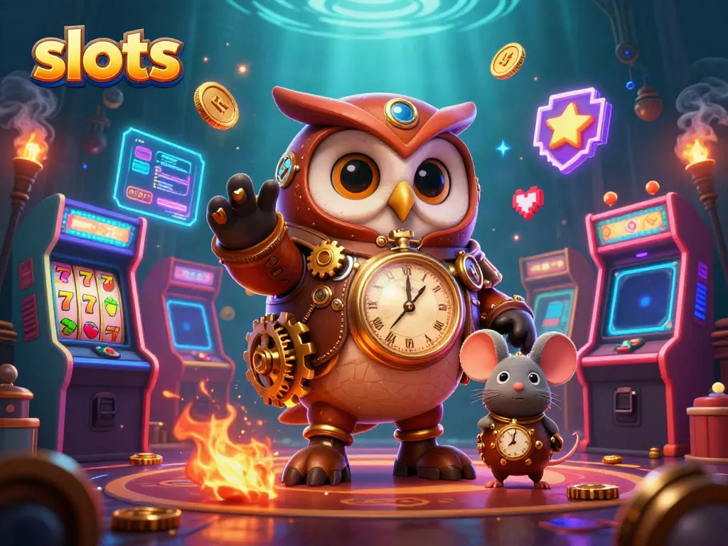 Experience thrilling slots action with a whimsical 3D owl and lively casino elements in a vibrant setting.