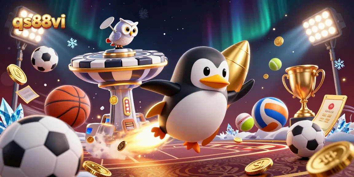 Experience excitement with qs88vi as the golden penguin blasts towards a casino in a dynamic illustration.