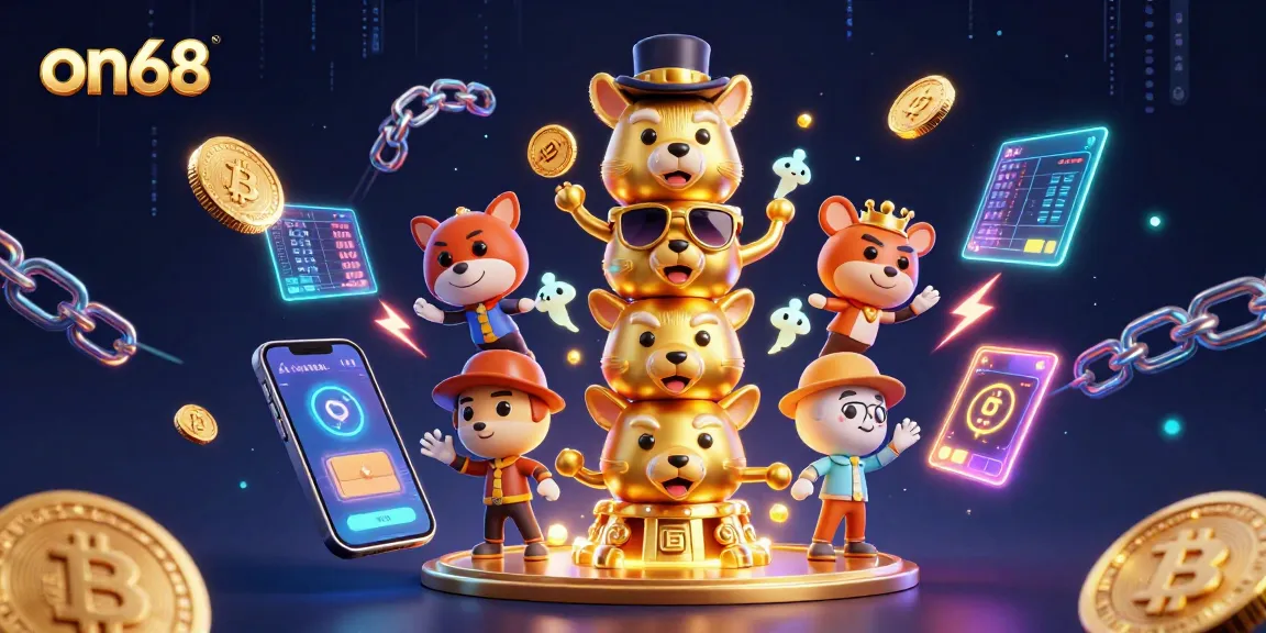 Win big at on68 with a vibrant 3D totem pole and cryptocurrency elements, showcasing animated expressions and casino accessories.