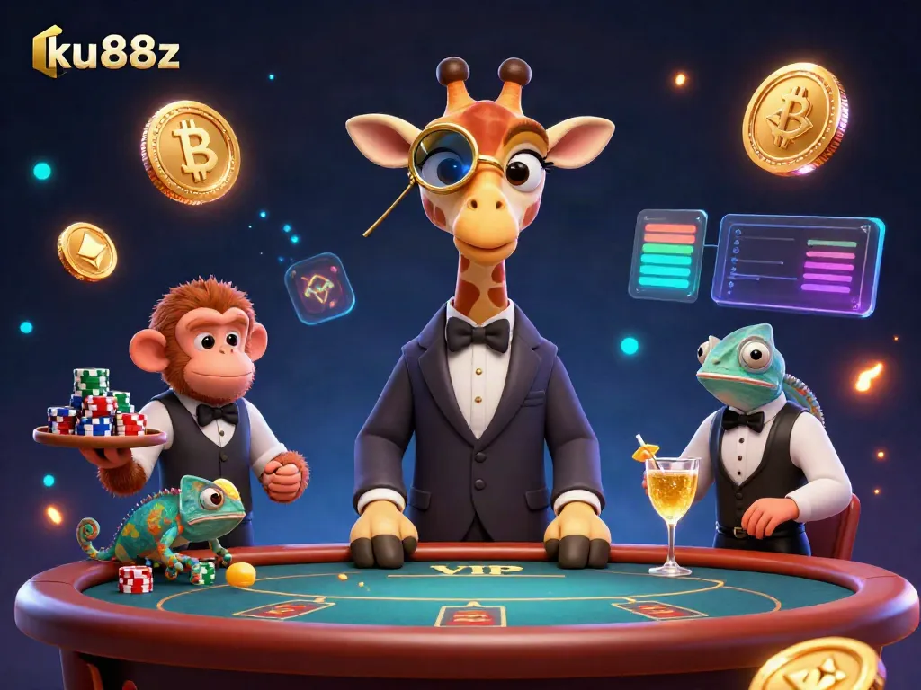 Experience thrilling gameplay with ku88z in this vibrant casino scene featuring a high-roller giraffe and crypto elements.