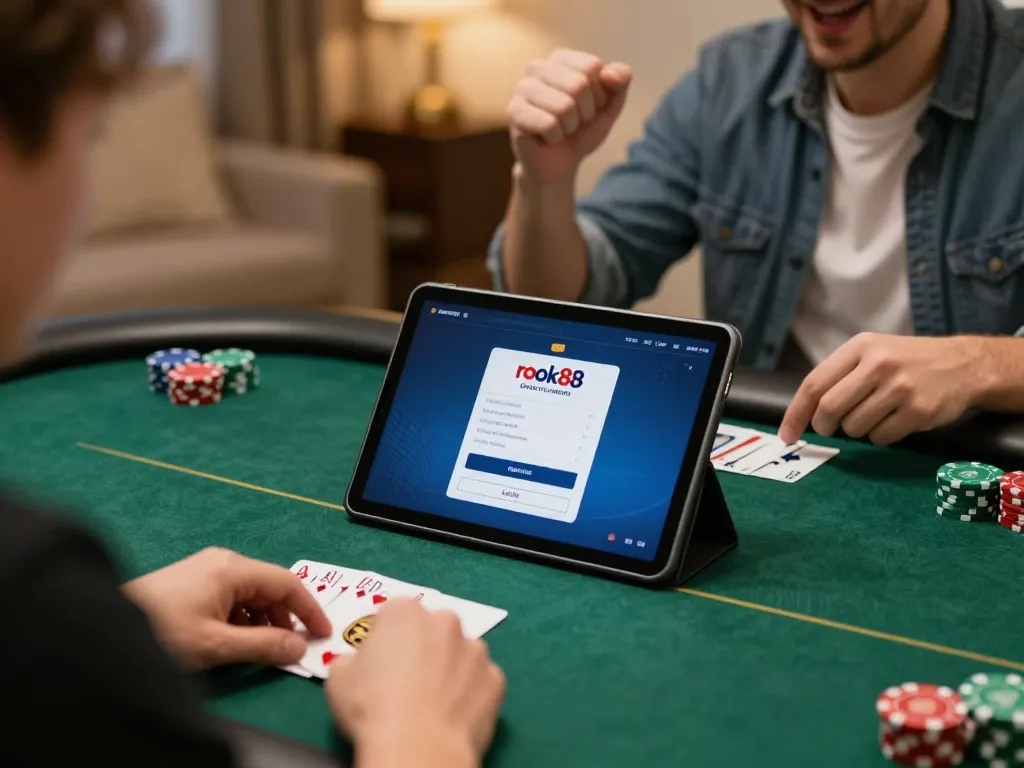 Celebrating a win during online poker gaming at home with rokok88 login interface displayed