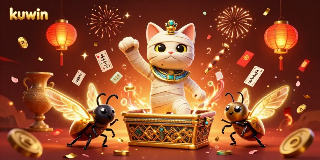Kuwin highlights a vibrant scene with a mummy cat in a pyramid casino, celebrating wins with confetti.