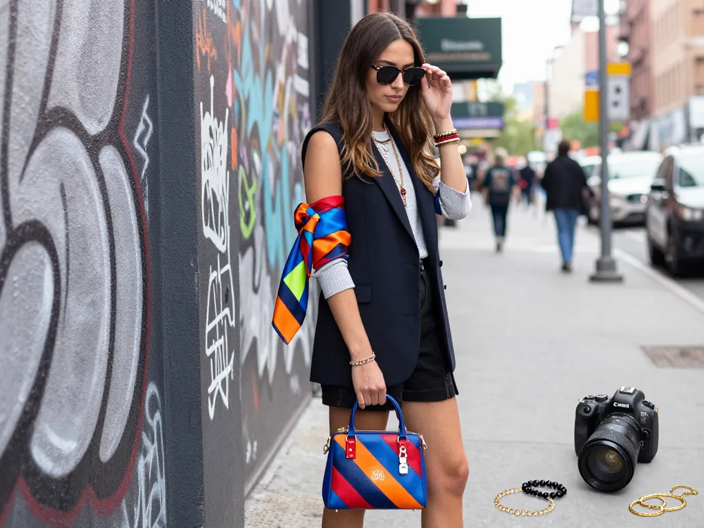 Colorful armband damen stoff showcased by a stylish woman in urban fashion.