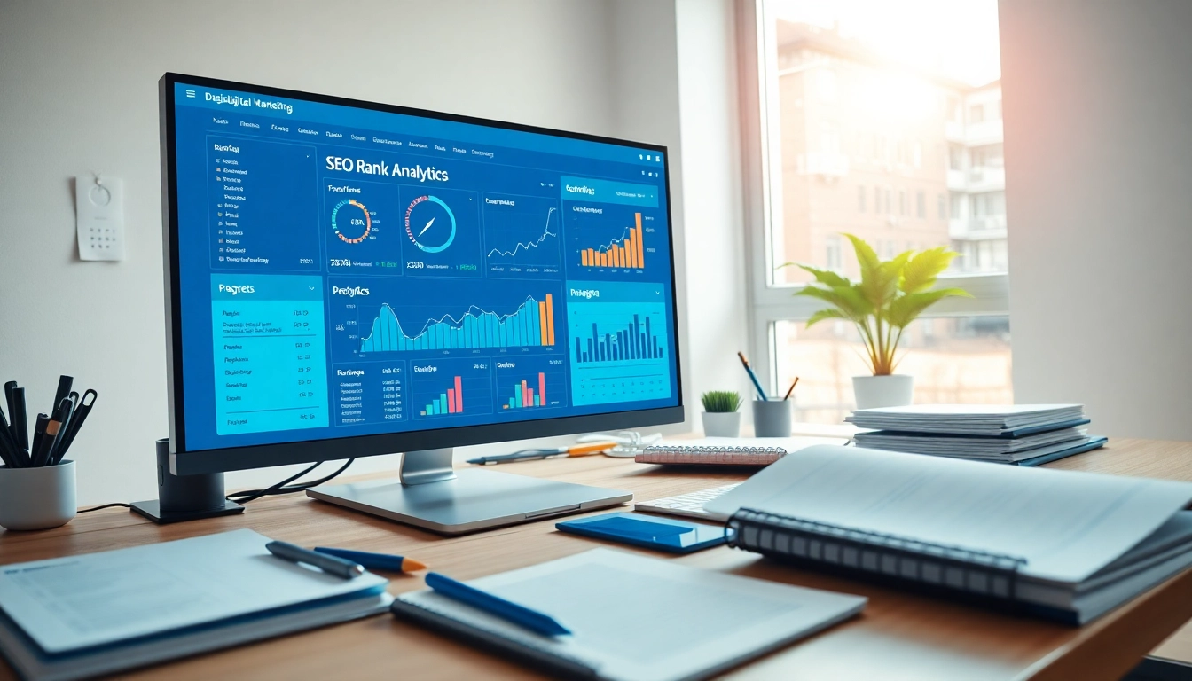 Analyze SEO Rank data on a professional digital workspace with analytics charts and graphs.