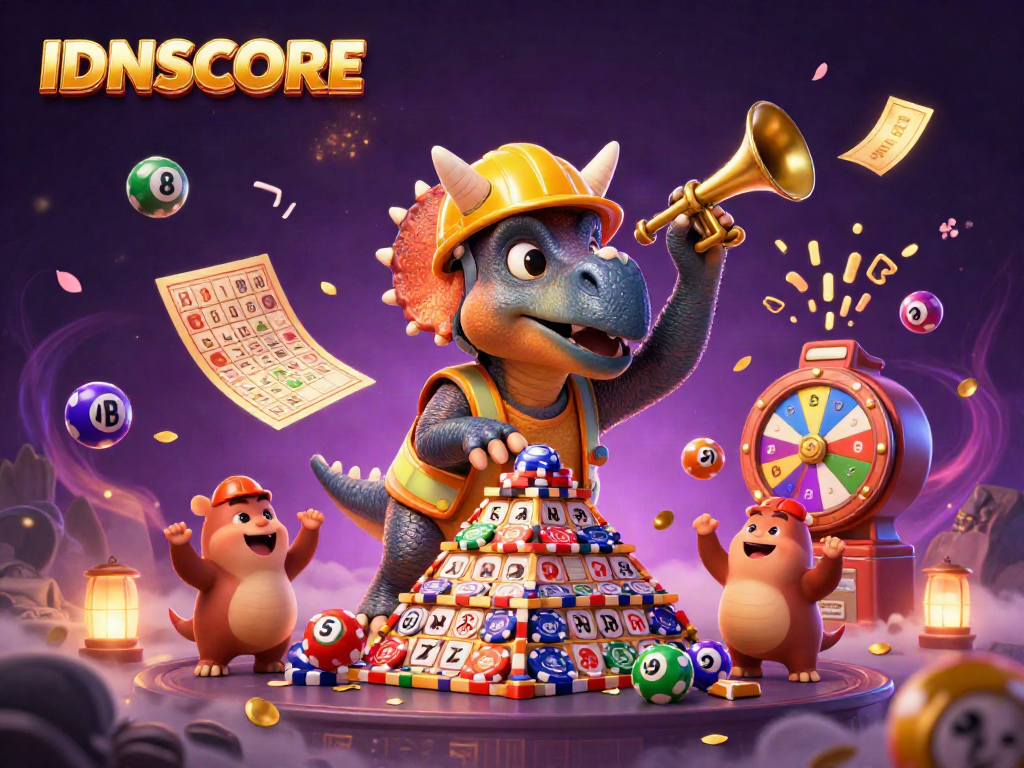 IDNSCORE features a triumphant triceratops building poker chip towers amidst lottery excitement, thriving in the online gaming world.