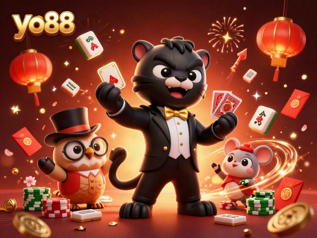 View the stylish panther dealer, lucky owl, and mouse in a vibrant yo88 casino scene.