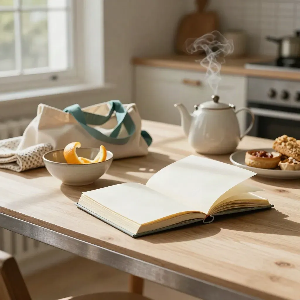 Sunlit kitchen table with notebook, citrus bowl, tote, towel, teapot, and breakfast dishes