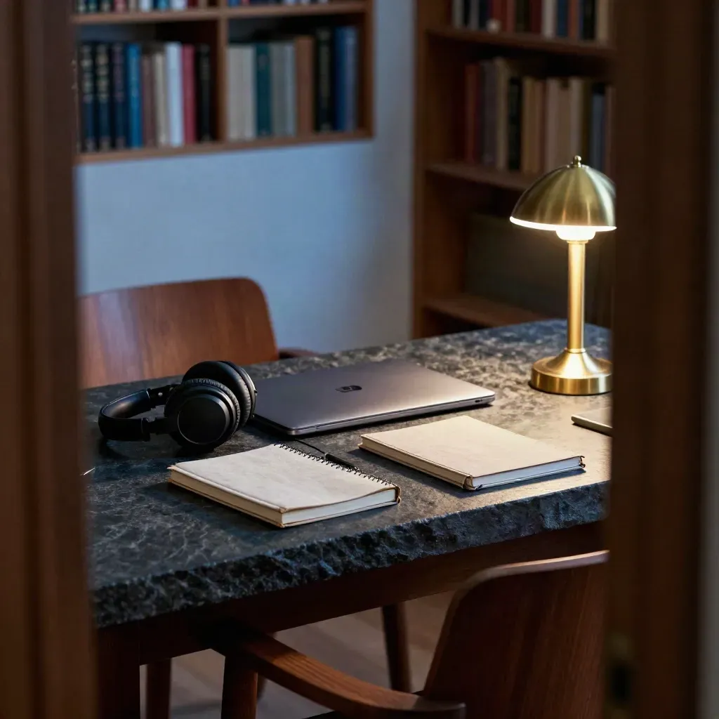 Library alcove desk with laptop, headphones, notebook, and brass lamp in blue-hour hush.