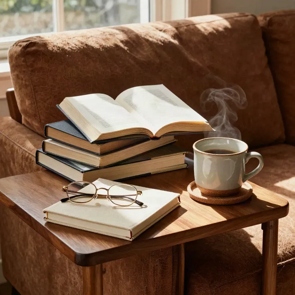 Books, notebook, glasses, and a steaming cup beside a worn sofa arm in warm afternoon light.