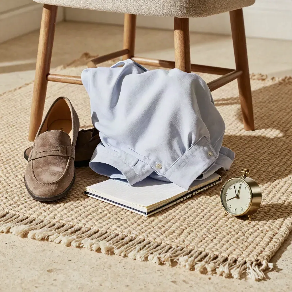Bedside chair with shoe, shirt, closed notebook and timer on rug in cool morning light.