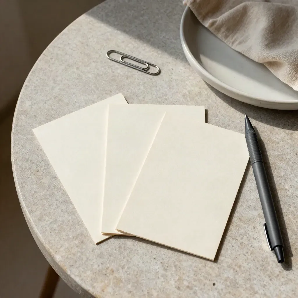 Top-down still life of three ivory cards, pen, paper clip, and ceramic tray on stone.