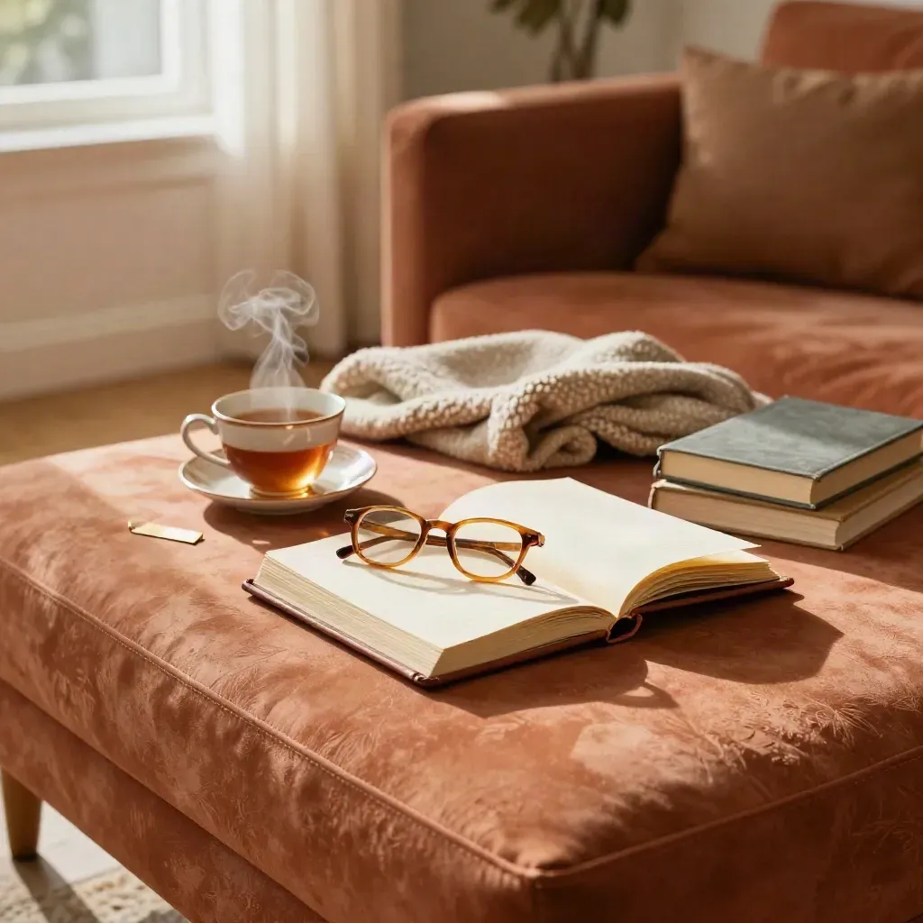 Terracotta ottoman with journal, tea, glasses, blanket and books in late-afternoon window light.