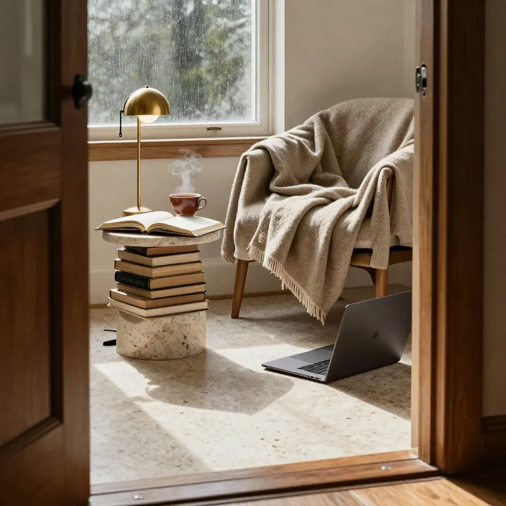 Cozy reading corner with chair, journal, books, tea, and closed laptop by a rain-lit window.