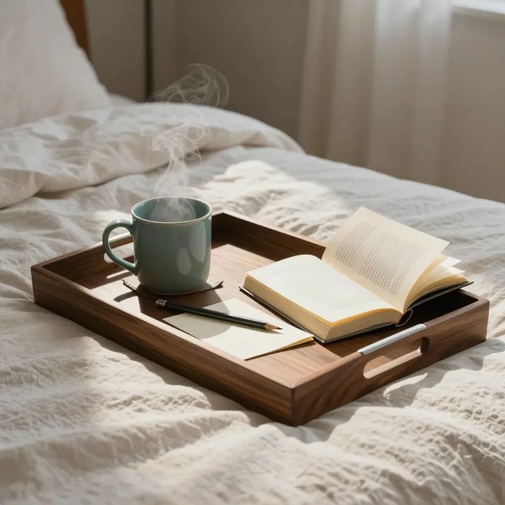 Bedside tray with steam rising from a teal mug beside a note card, pencil, and paperback at dawn.