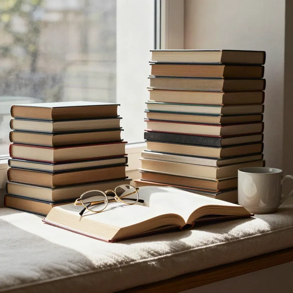 Books, glasses, and a cup gathered on a window seat in late-afternoon light.