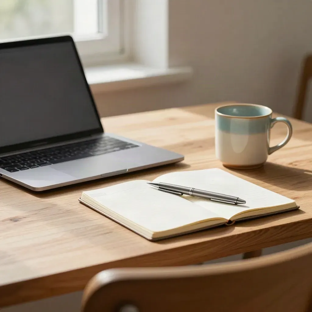 Closed laptop, ruled notebook, pen and teal mug on a sunlit wooden desk.