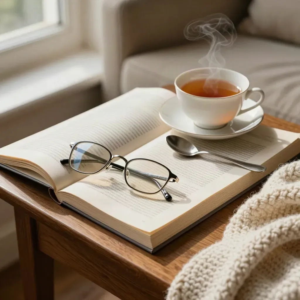 Open journal, reading glasses, tea spoon, and folded blanket on a sofa table in late-day window light.