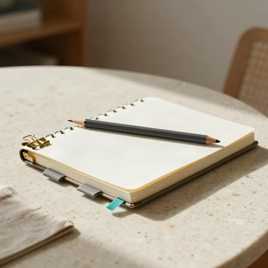 Tabbed notebook, pencil, brass clip, and teal marker on travertine in evening light