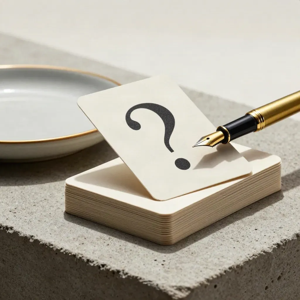 Side macro of question cards, a brass fountain pen and dish on stone, one card lifted mid-air.
