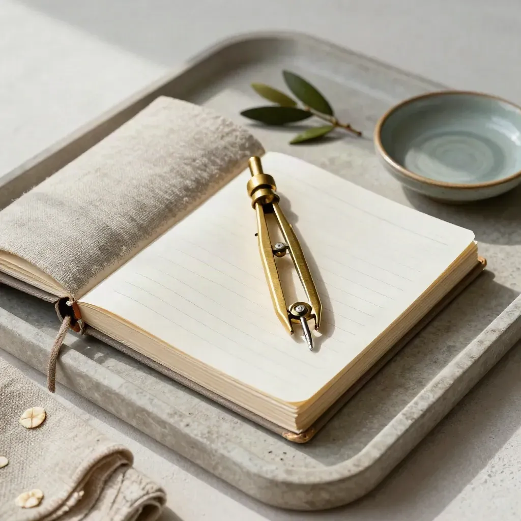 Brass compass on a closed planner with linen, olive sprig and ceramic dish on a stone tray.